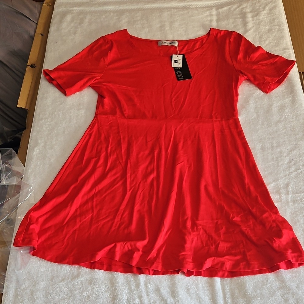 TOMSWARE Red Short Sleeve A-Line Dress Knit Polyester Rayon Pullover Size XL